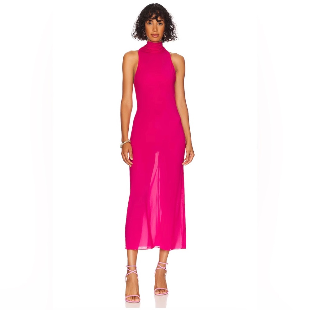 L’Academie Sheer Turtleneck Slip Dress in Fuchsia Pink
